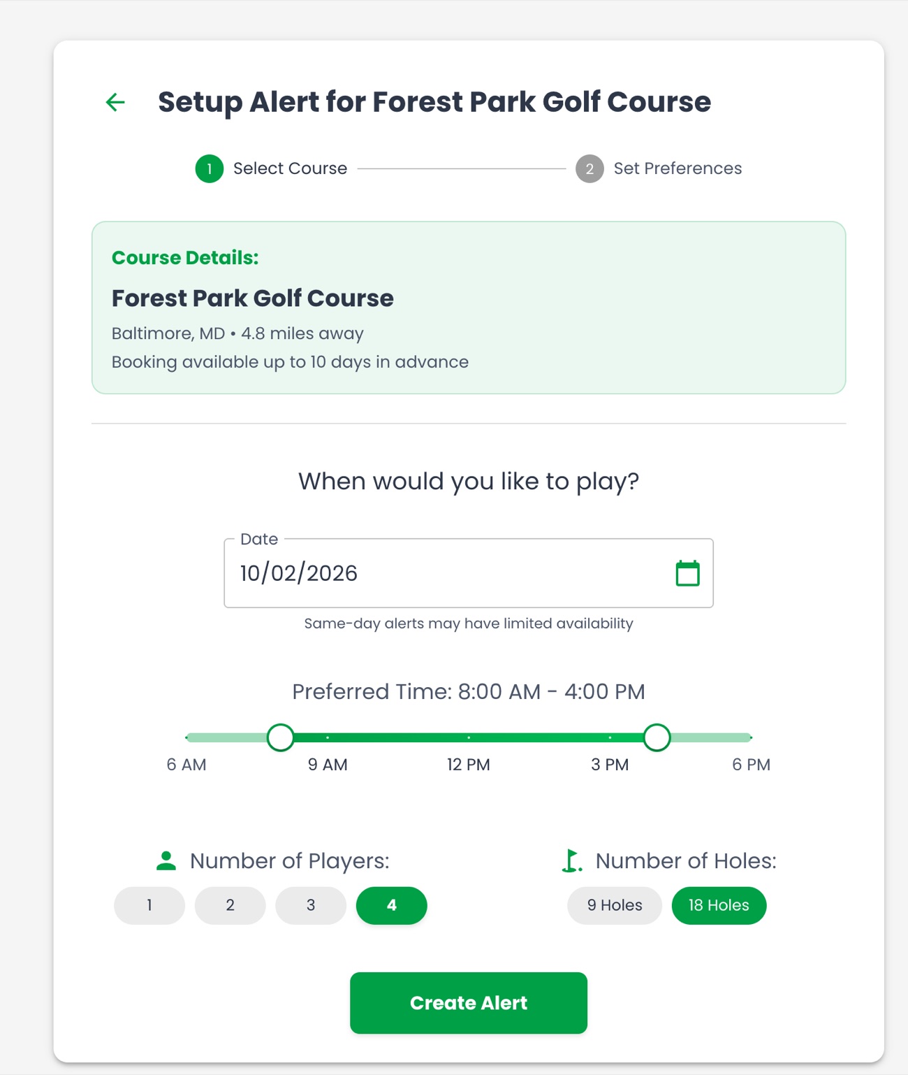 The EarliBirdi alert setup form for Forest Park Golf Course: date picker, preferred time slider from 8 AM to 4 PM, player count and holes