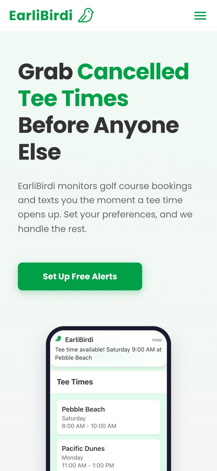 EarliBirdi landing page on mobile