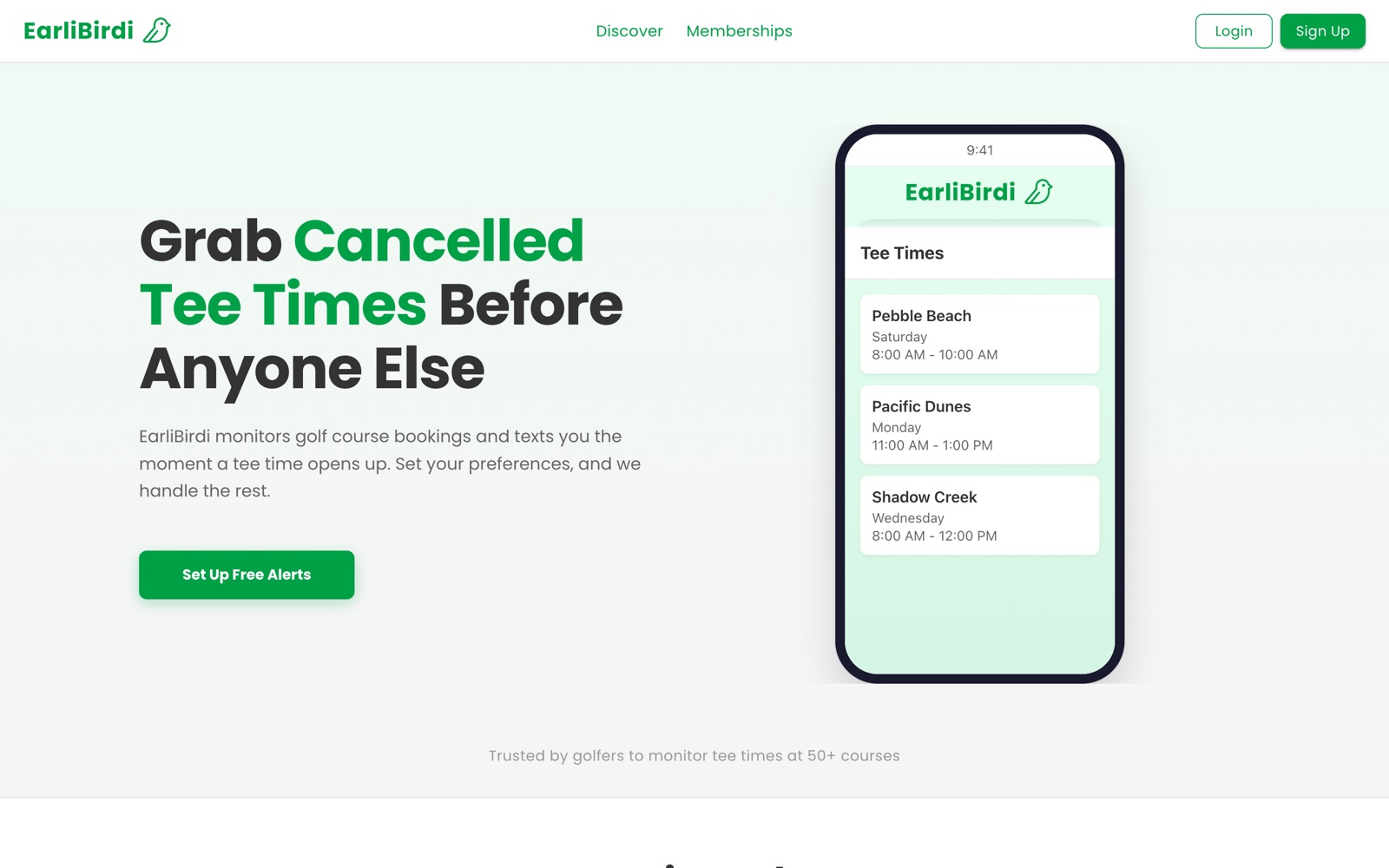EarliBirdi landing page: Grab cancelled tee times before anyone else